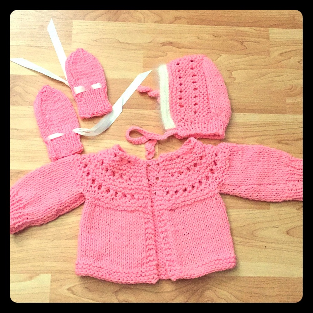 Hand knit baby girl sweater set